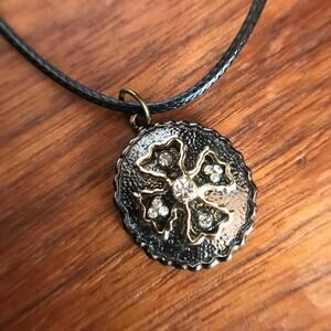 Coptic Cross gunmetal and rhinestone pendant necklace, waxed black cotton cord